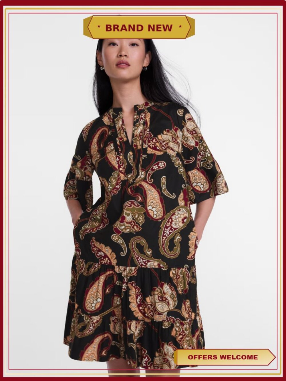 V Neck Mini Dress Flutter Sleeves Split Notch Pleated Tiered Casual